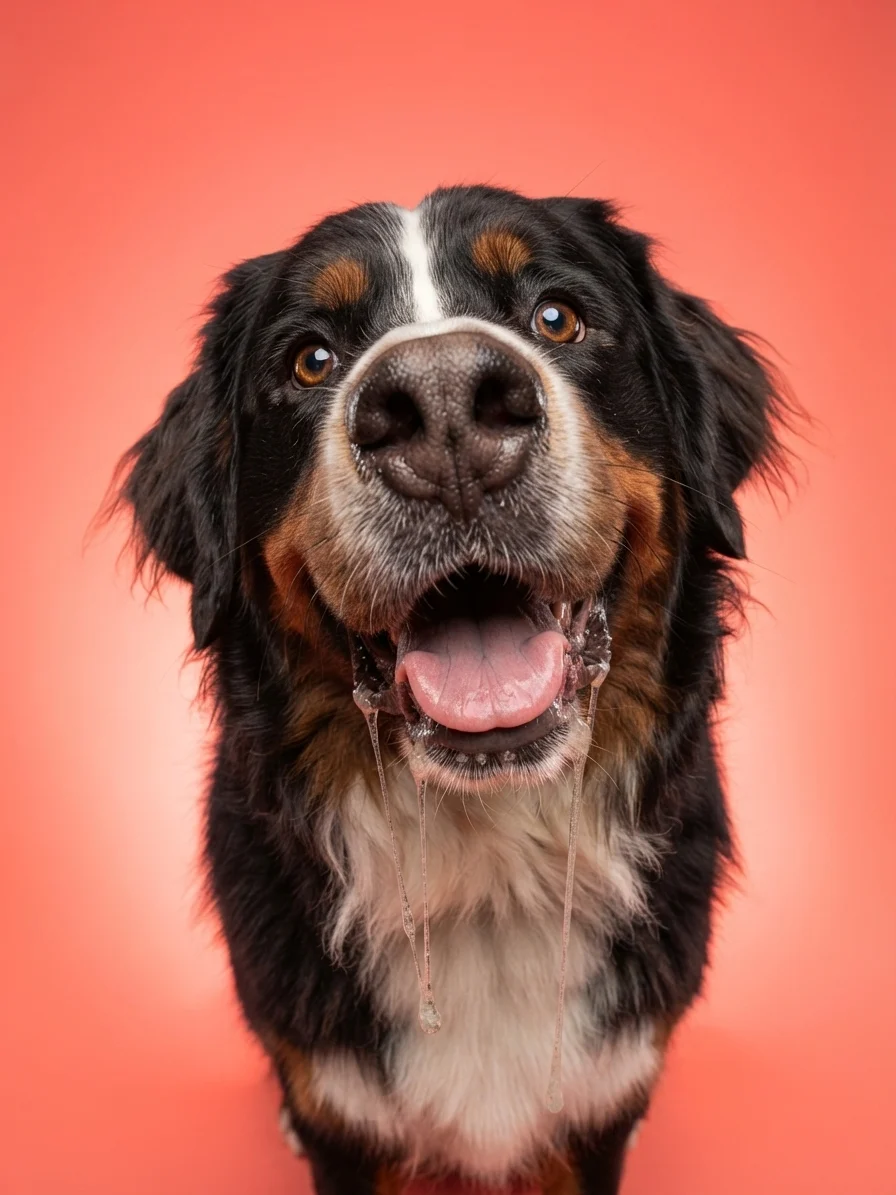 Arlo’s happy Drool portrait against a vibrant coral background